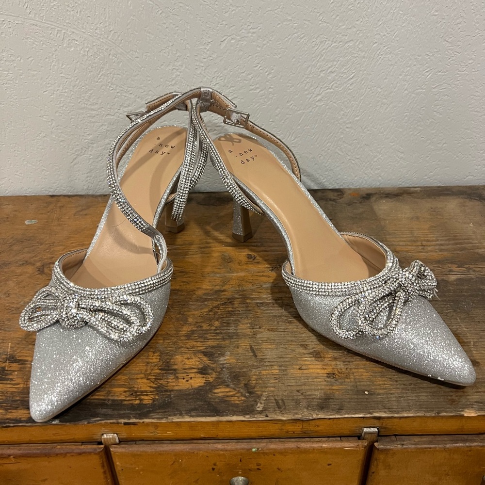A New Day Silver Heels with Bow and Ankle Strap